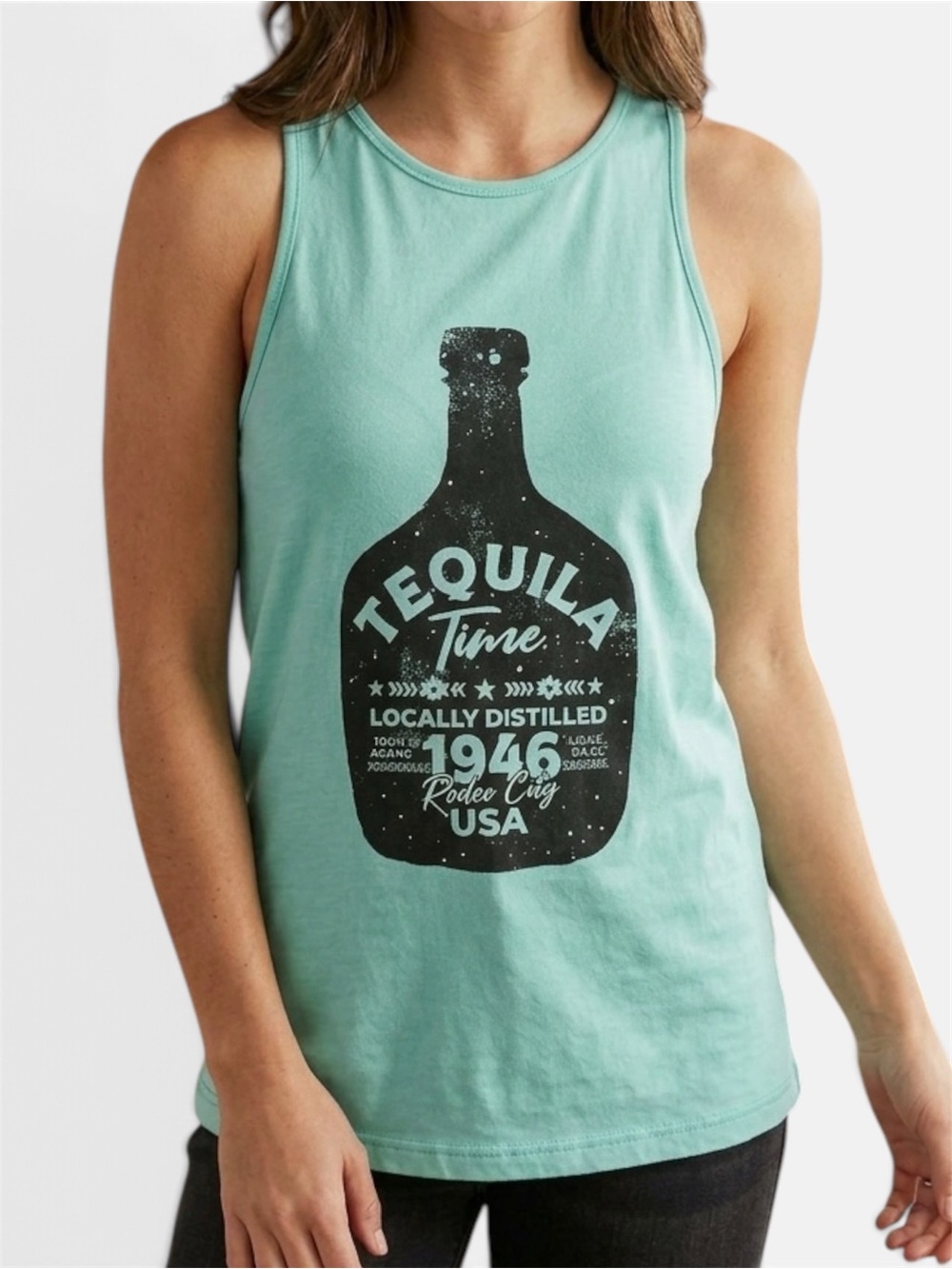 NWT Women’s Mint 'Tequila Time' Graphic Tank Top Rock & Roll Cowgirl